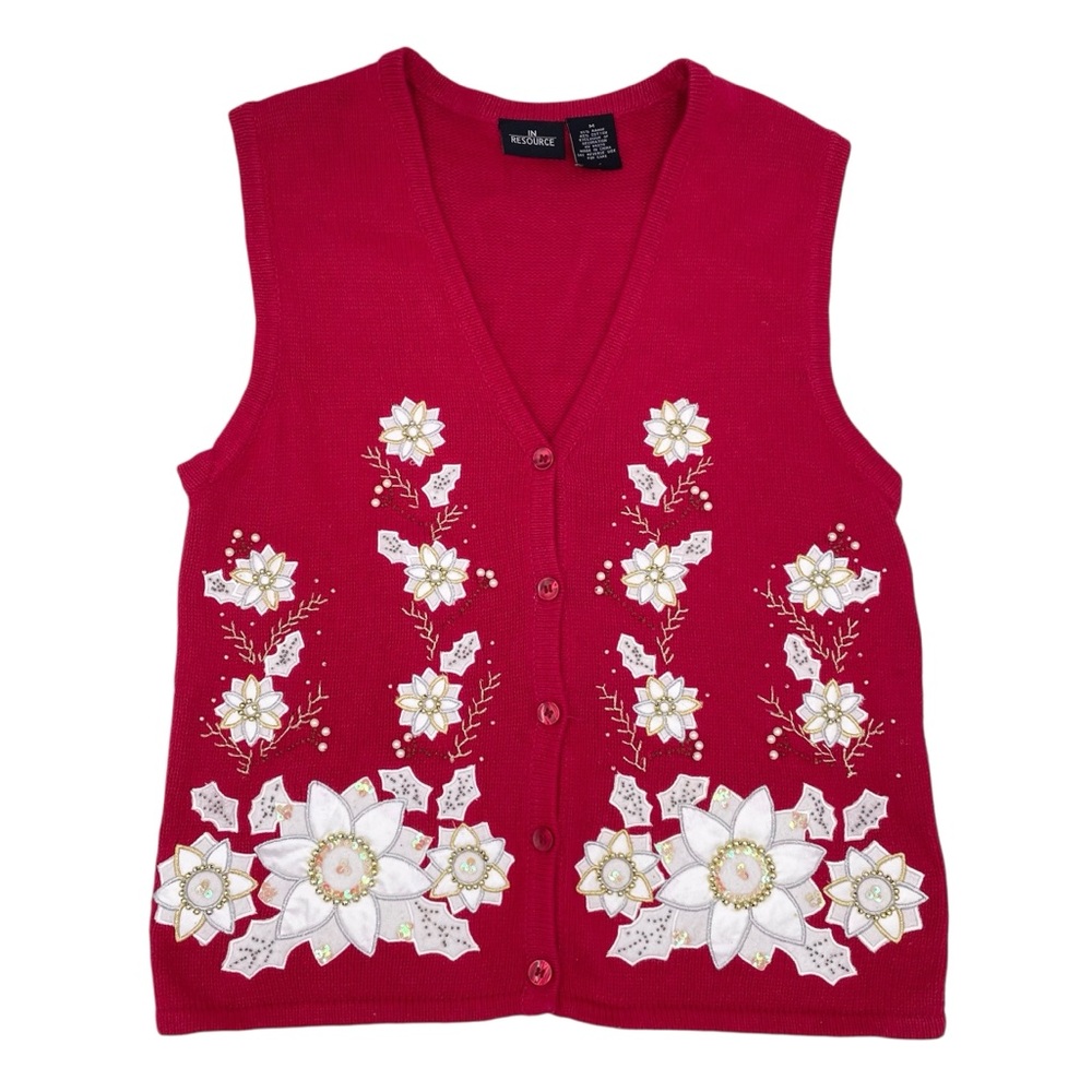 In Resource Vintage Sweater Vest Size Medium Red White Poinsettia Flower Holiday